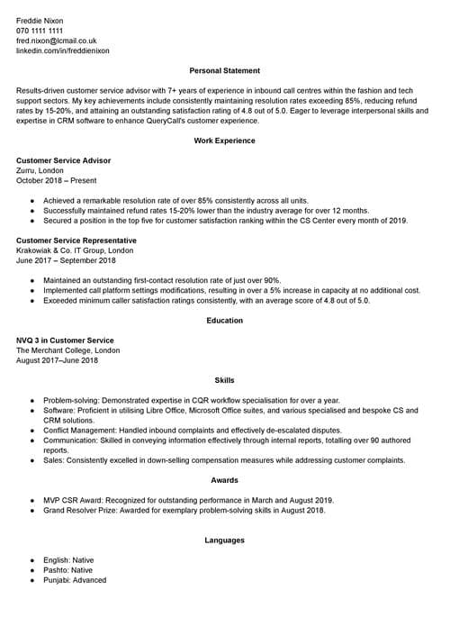 prestationer på ett cv-exempel