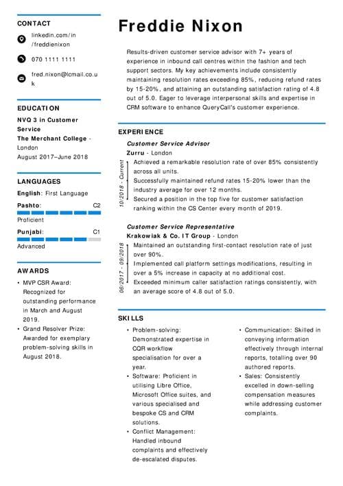prestationer på ett cv-exempel