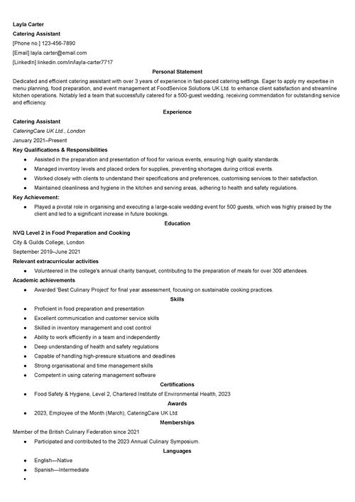 catering assistent CV exempel