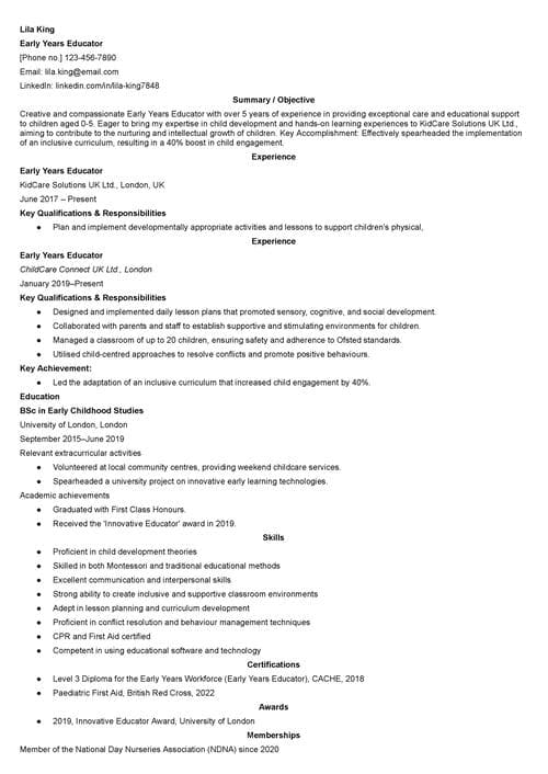 barnomsorg CV exempel