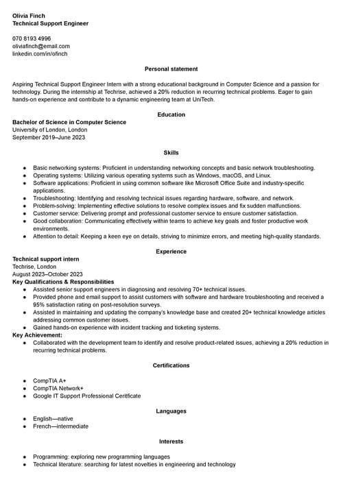 teknisk support ingenjör CV