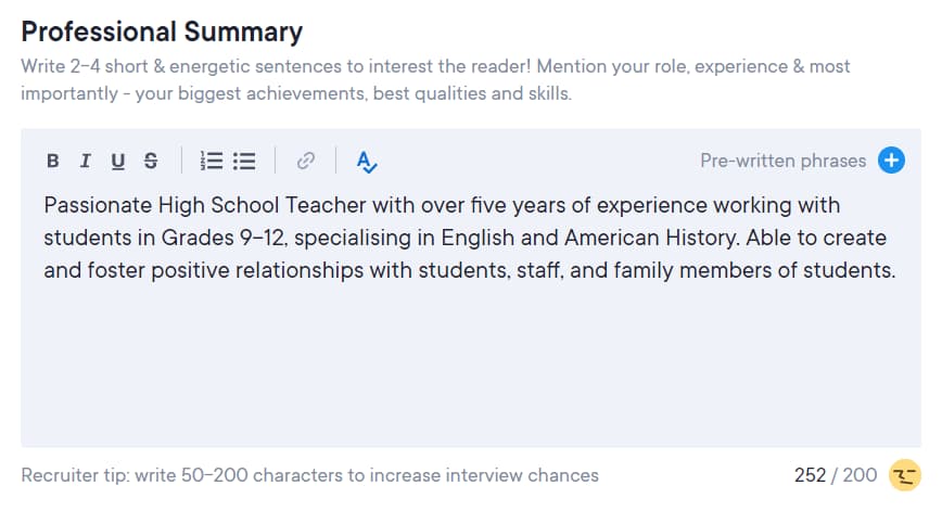 professionell sammanfattning skriven i Resume.io