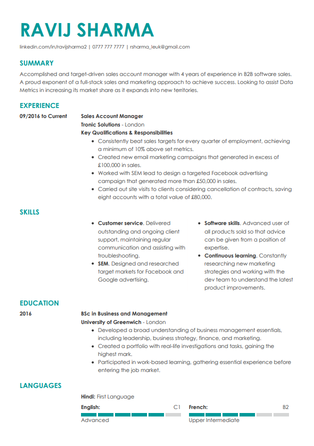 Samtida CV-mall från LiveCareer