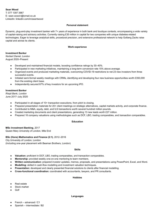 exempel på investment banking CV