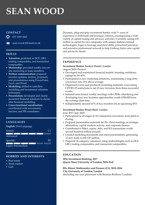 exempel på investment banking CV