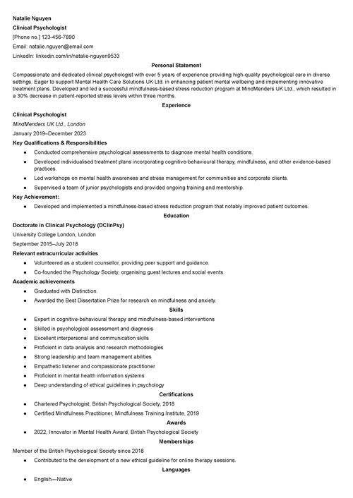 psykolog CV exempel