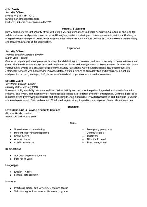 säkerhetstjänstemans CV exempel