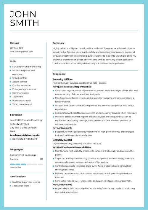 säkerhetstjänstemans CV exempel