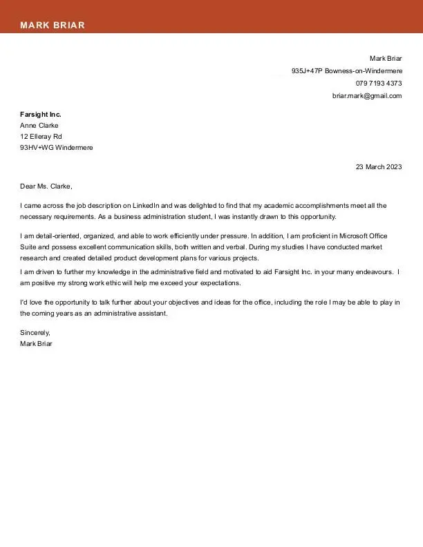 Kort följebrev för ett praktikprov