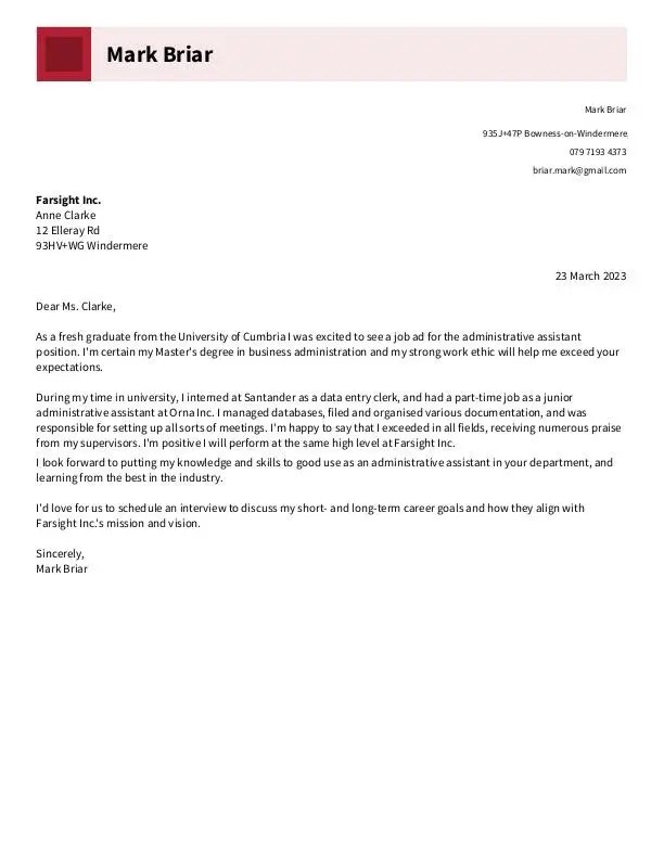 Kort följebrev för en nyutexaminerad