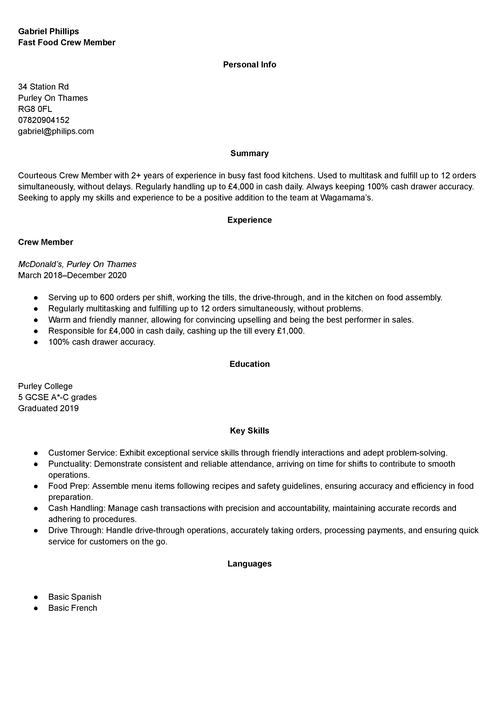 snabbmatsbesättningsmedlem CV exempel