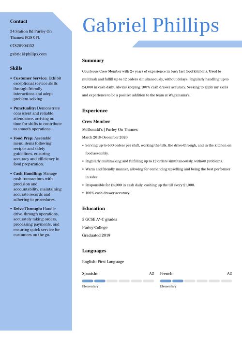 snabbmatsbesättningsmedlem CV exempel
